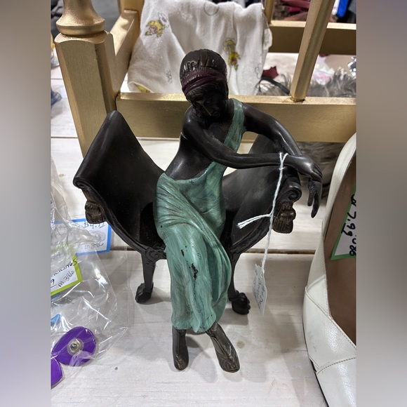 Art deco vintage Bronze Lady Sculpture with Green Dress